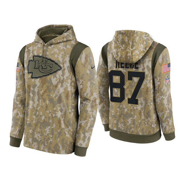 Men's Kansas City Chiefs #87 Travis Kelce amo 2021 Salute To Service Therma Performance Pullover Hoodie